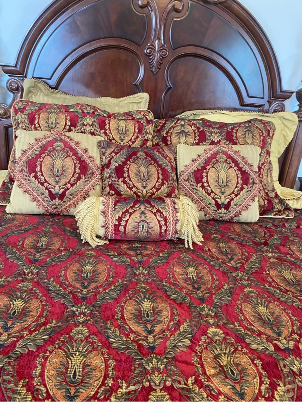 Vintage Croscill Red and Gold Damask Comforter with Decorative Pillows